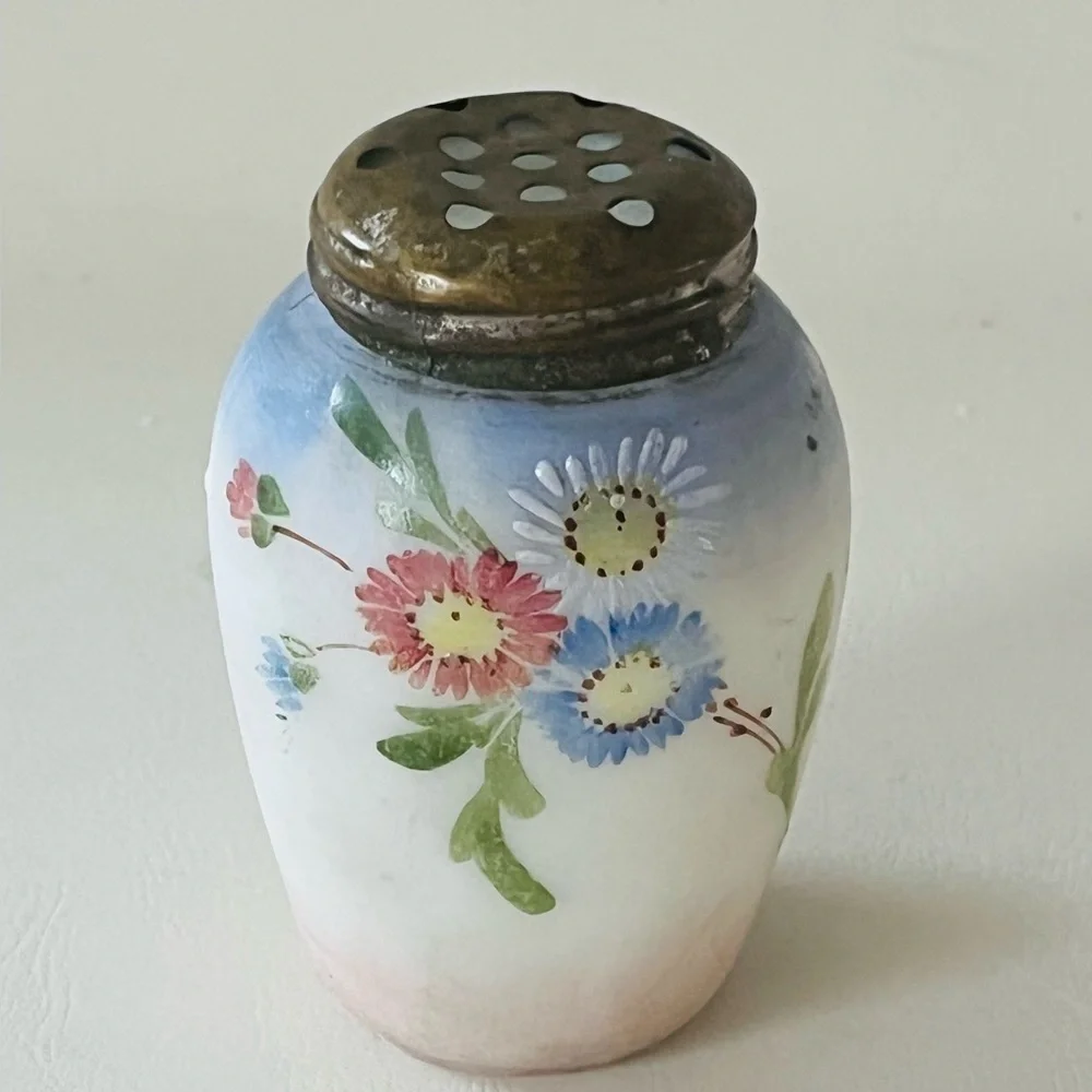 Hand-Painted Milk Glass Floral Salt Shaker with Metal Lid